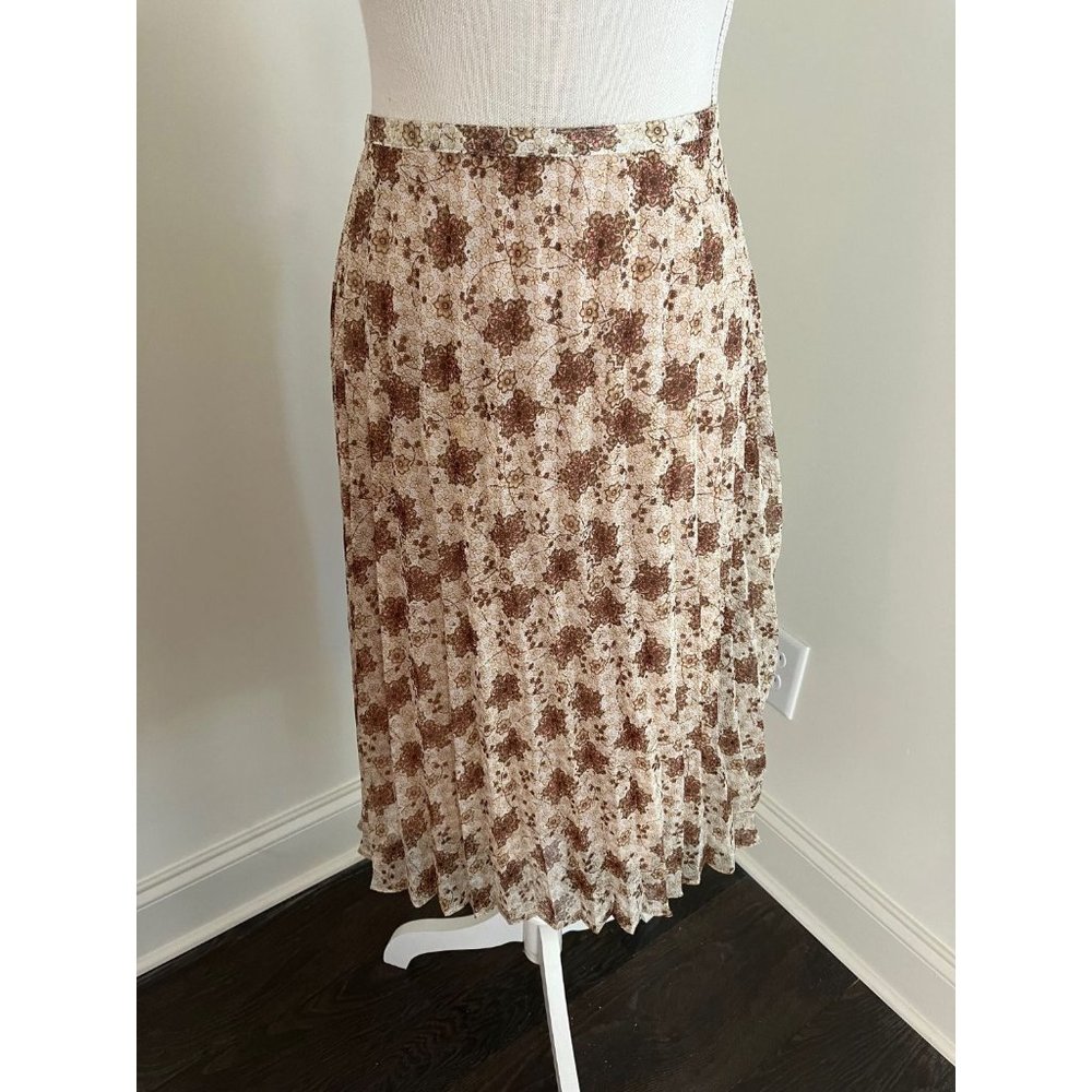Pleated Floral Brown Tan Skirt Fully Lined Size Large